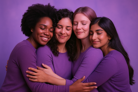 GRUPO DE MUJERES ABRAZADAS CON COLORES VIOLETA